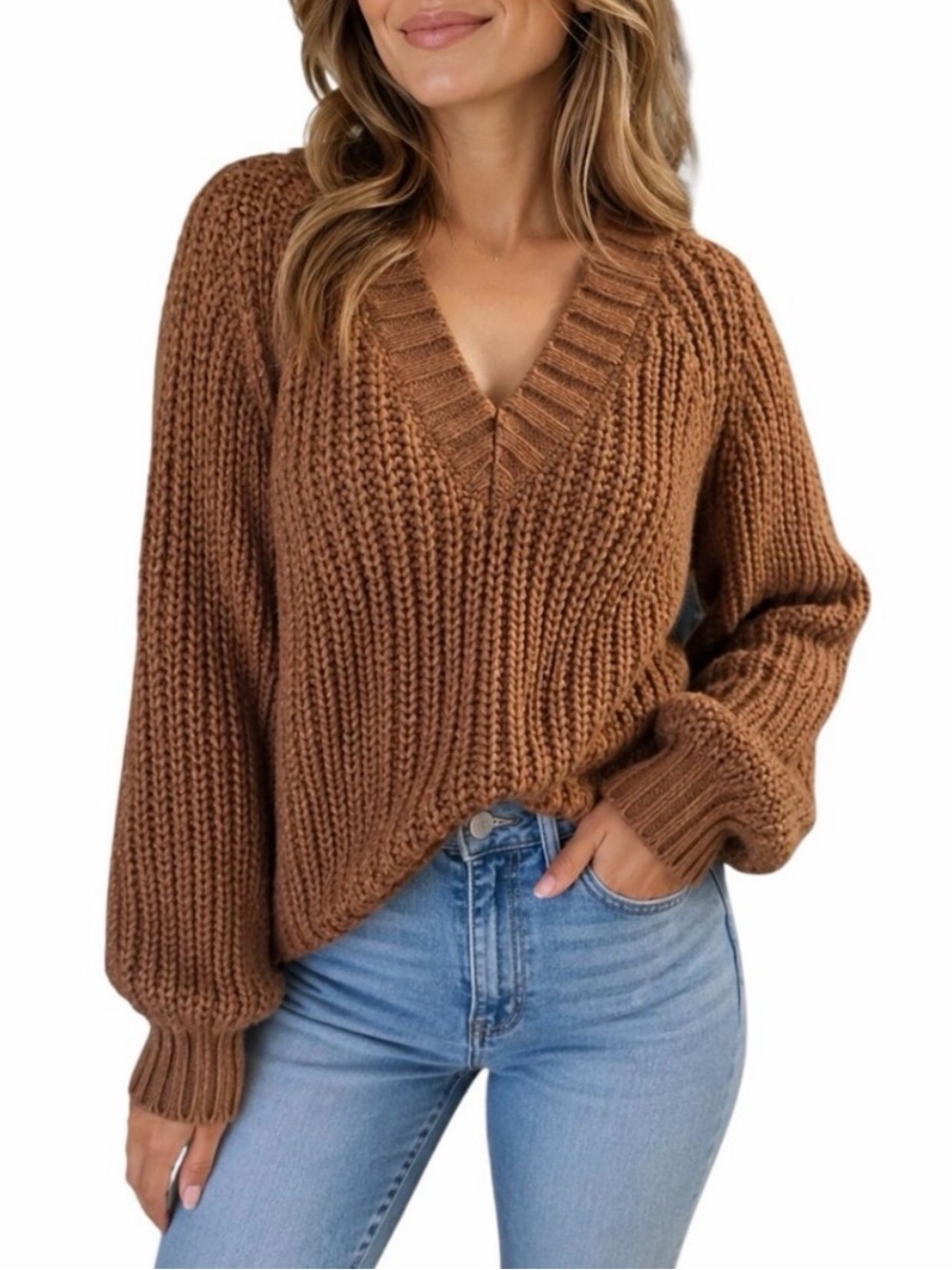 American Eagle Outfitters Warm Brown V-Neck Sweater